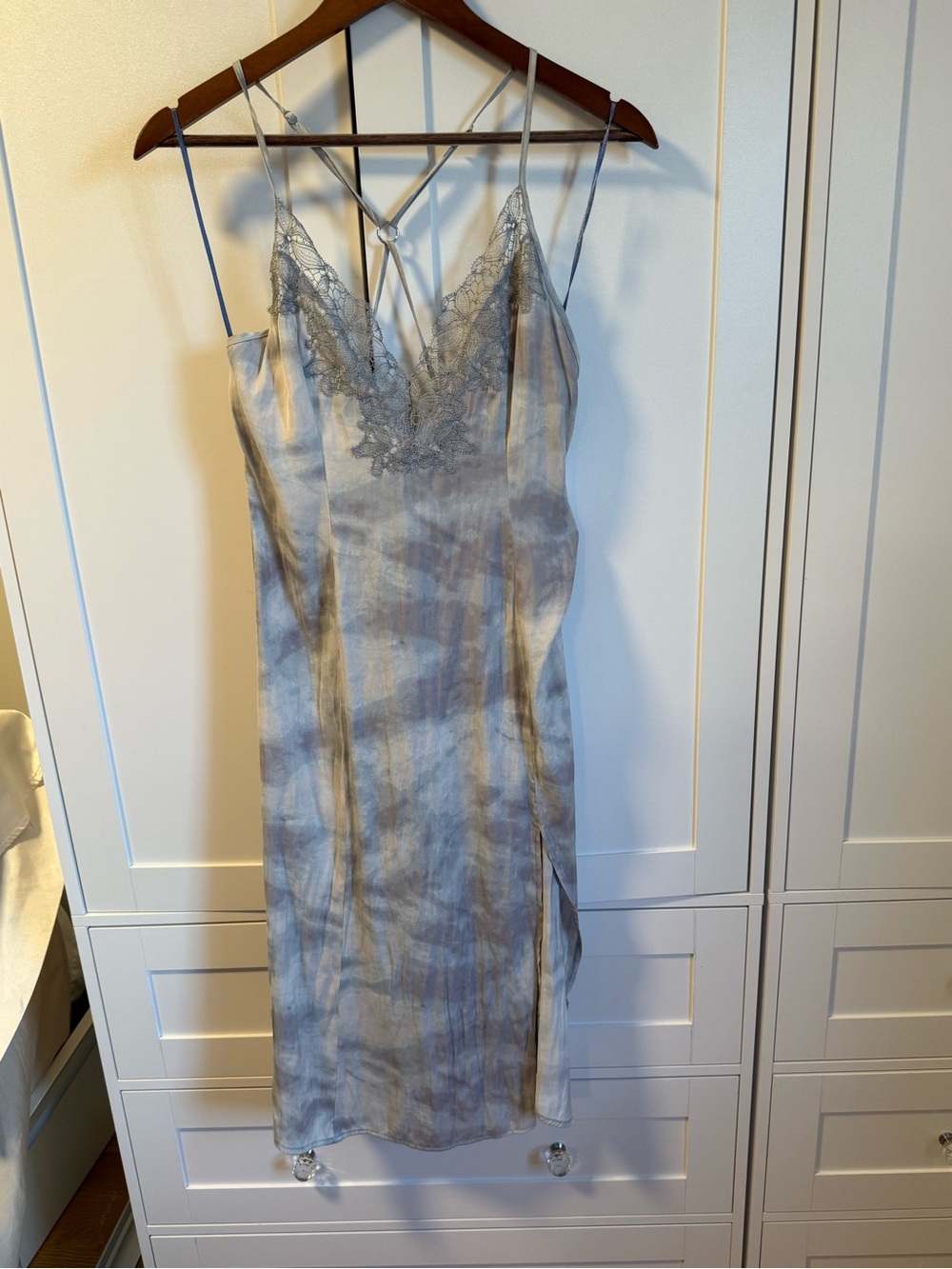Free People Silver Gray Satin Lace-Trim Slip Dress